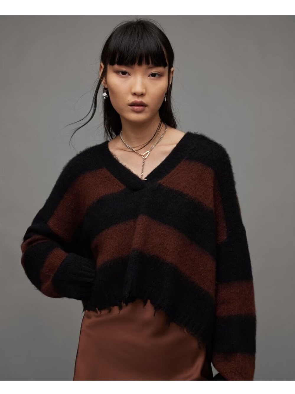 All Saints Striped wool Cropped V-Neck Sweater